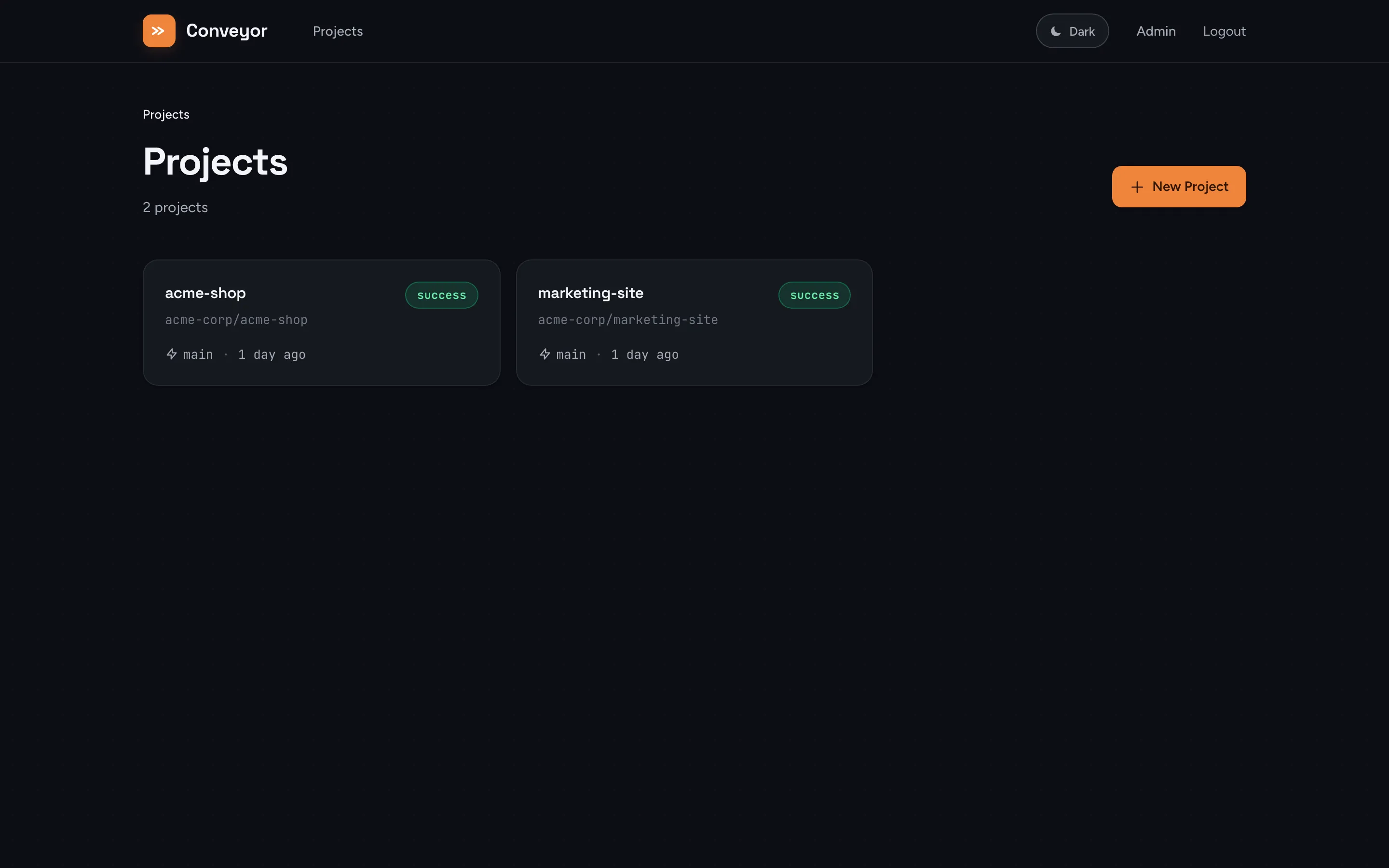 The Conveyor dashboard showing projects and their latest deployments
