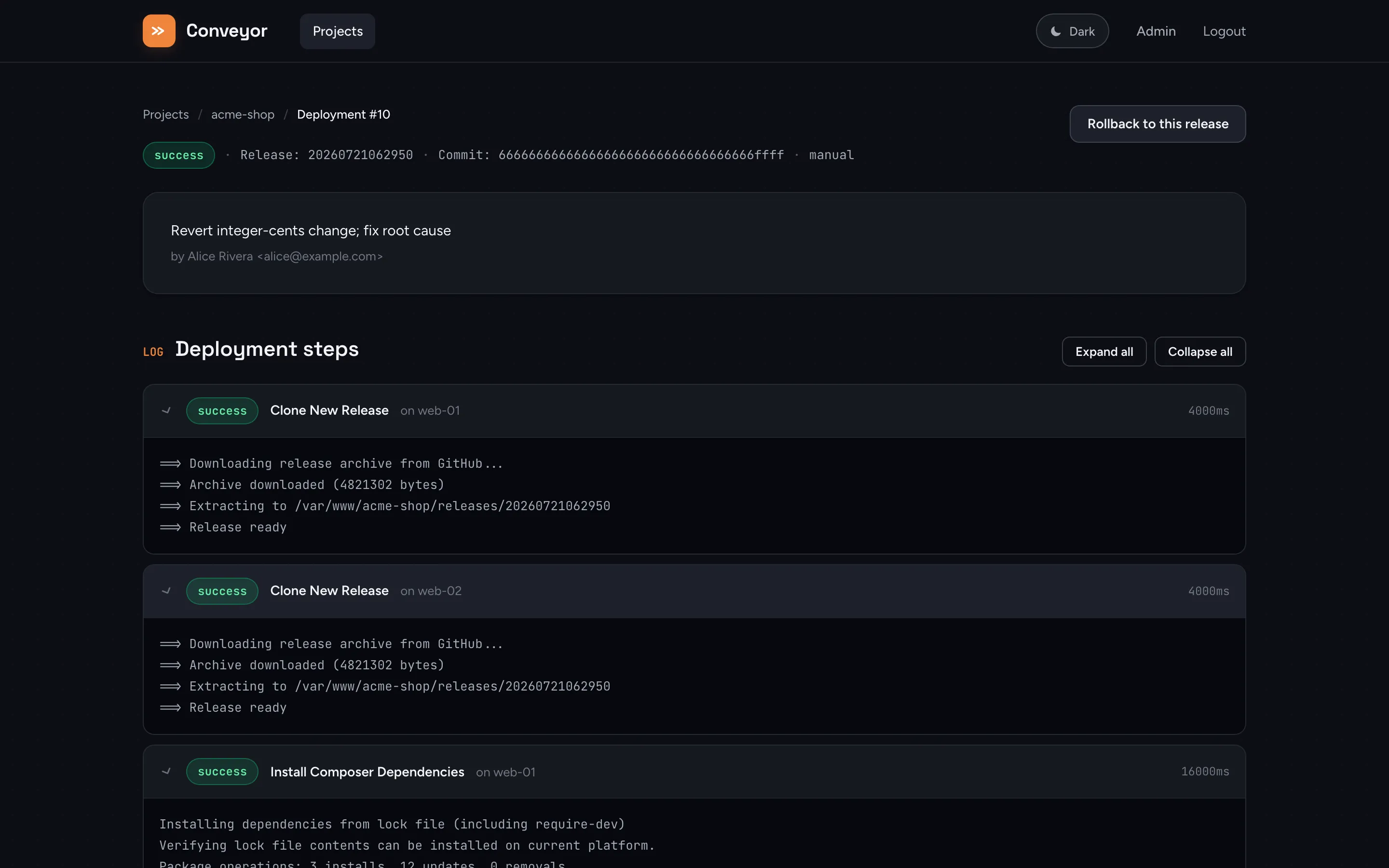 A finished Conveyor deployment showing per-step, per-server log output